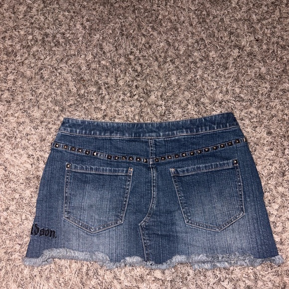 Harley-Davidson Blue Denim Frayed Hem Mini Skirt with Stud Accents - Picture 4 of 4